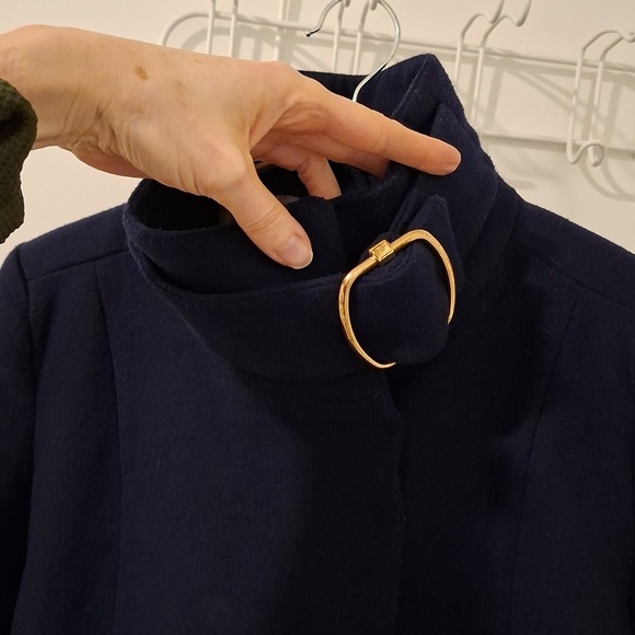 Mango Jackets & Blazers - Mango Women's Navy Babydoll Coat Funnel Neck and Gold Buckle Detail (Size XXS)